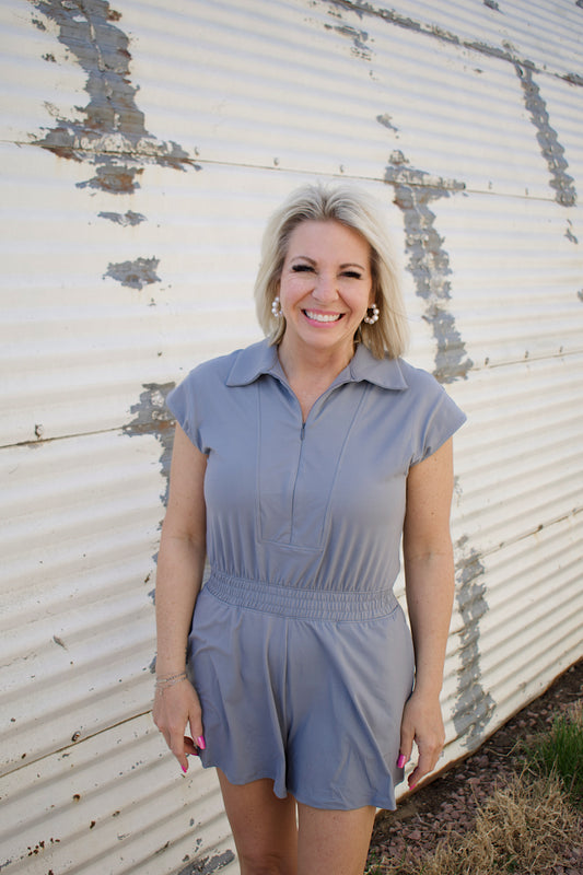 Skyla Quarter Zip Romper- Rhino Grey