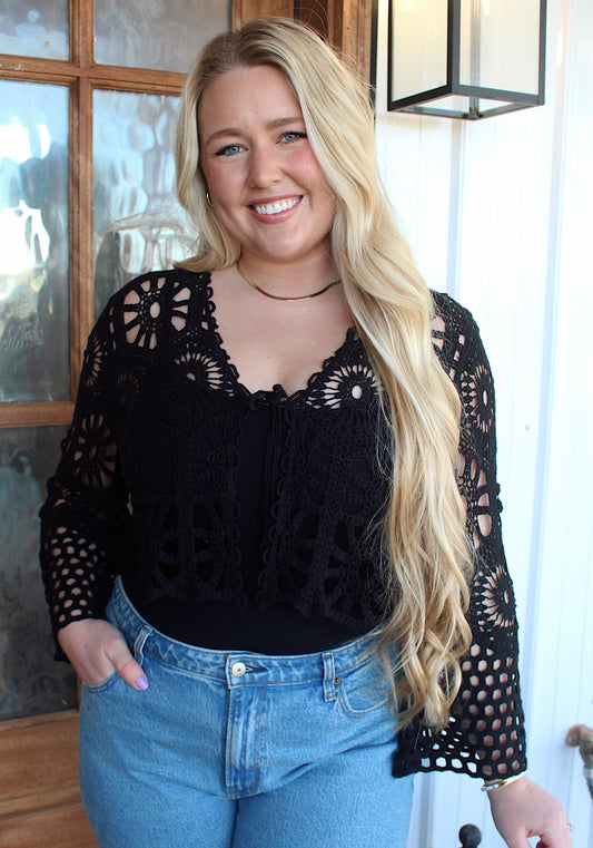 Floral Pattern Crochet Knit Cardigan-Black