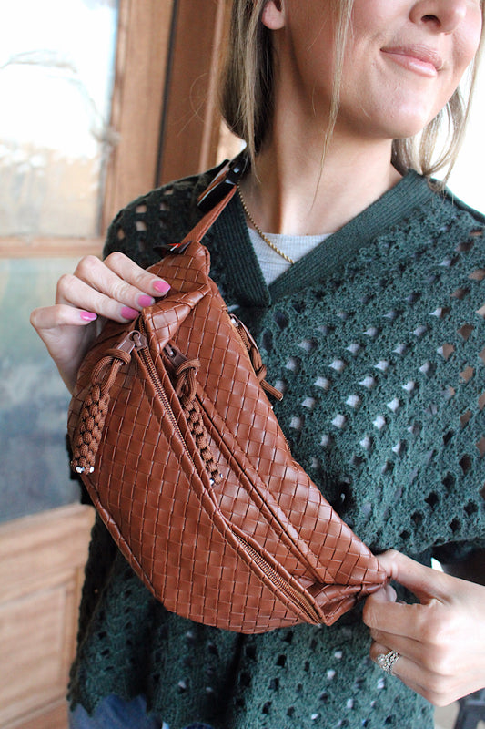Leather Woven Crossbody Bum Bag- Camel