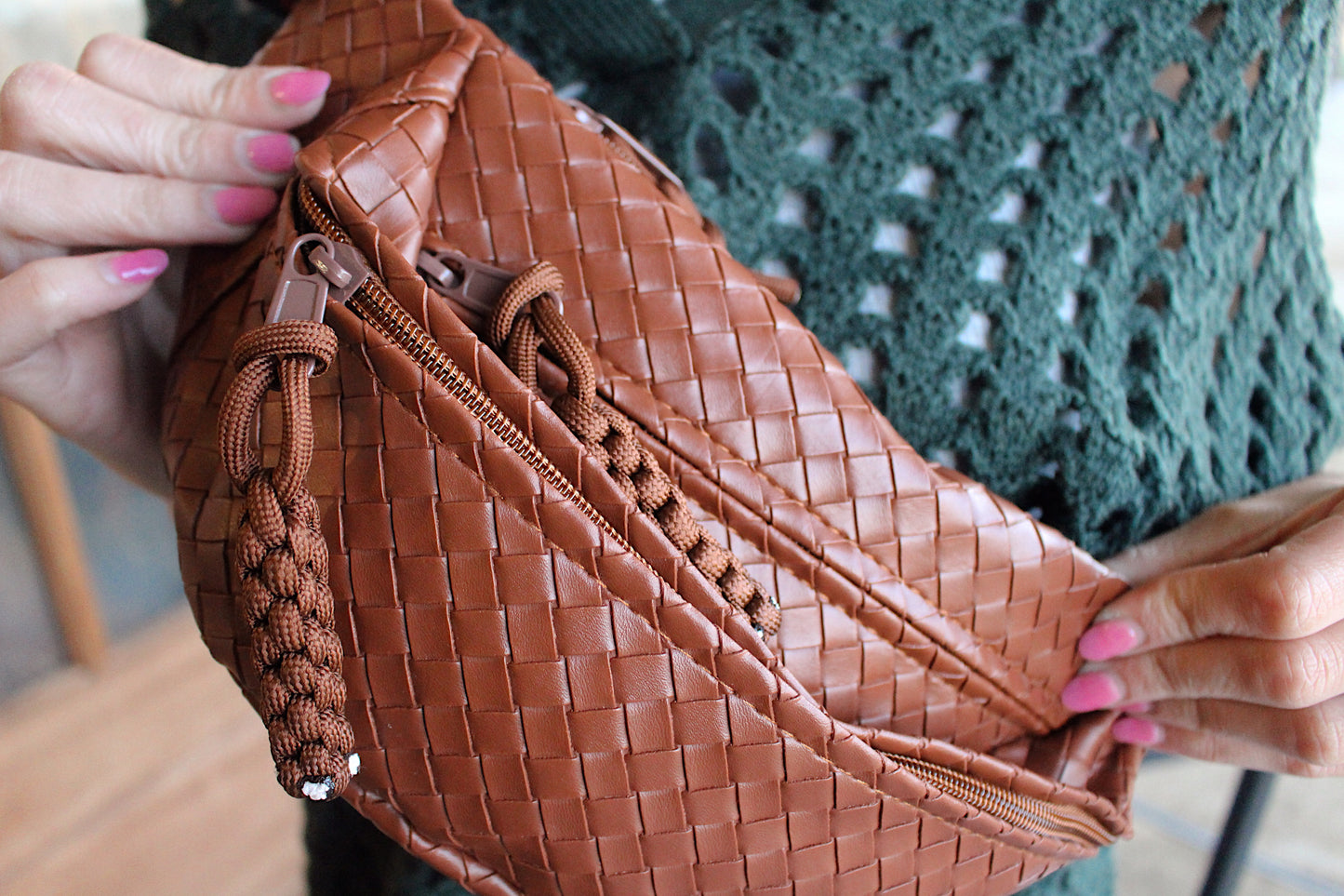 Leather Woven Crossbody Bum Bag- Camel