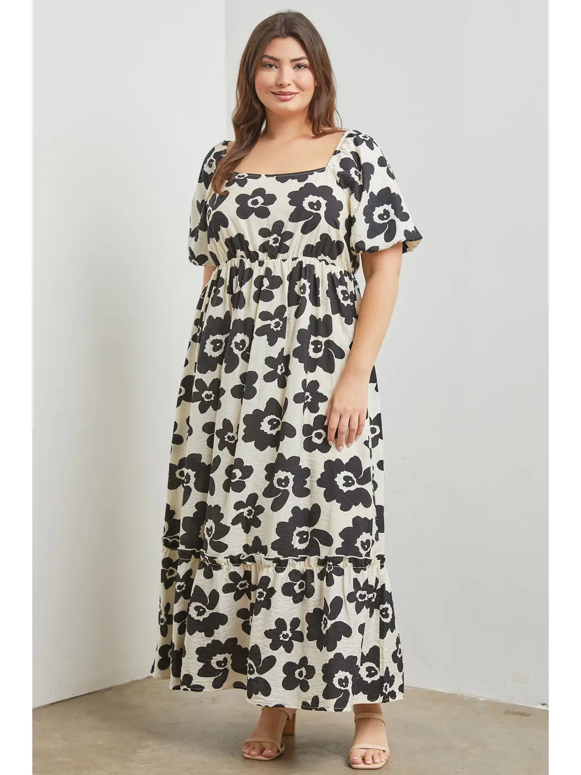 Printed Woven Bubble Sleeve Maxi Dress (plus size)