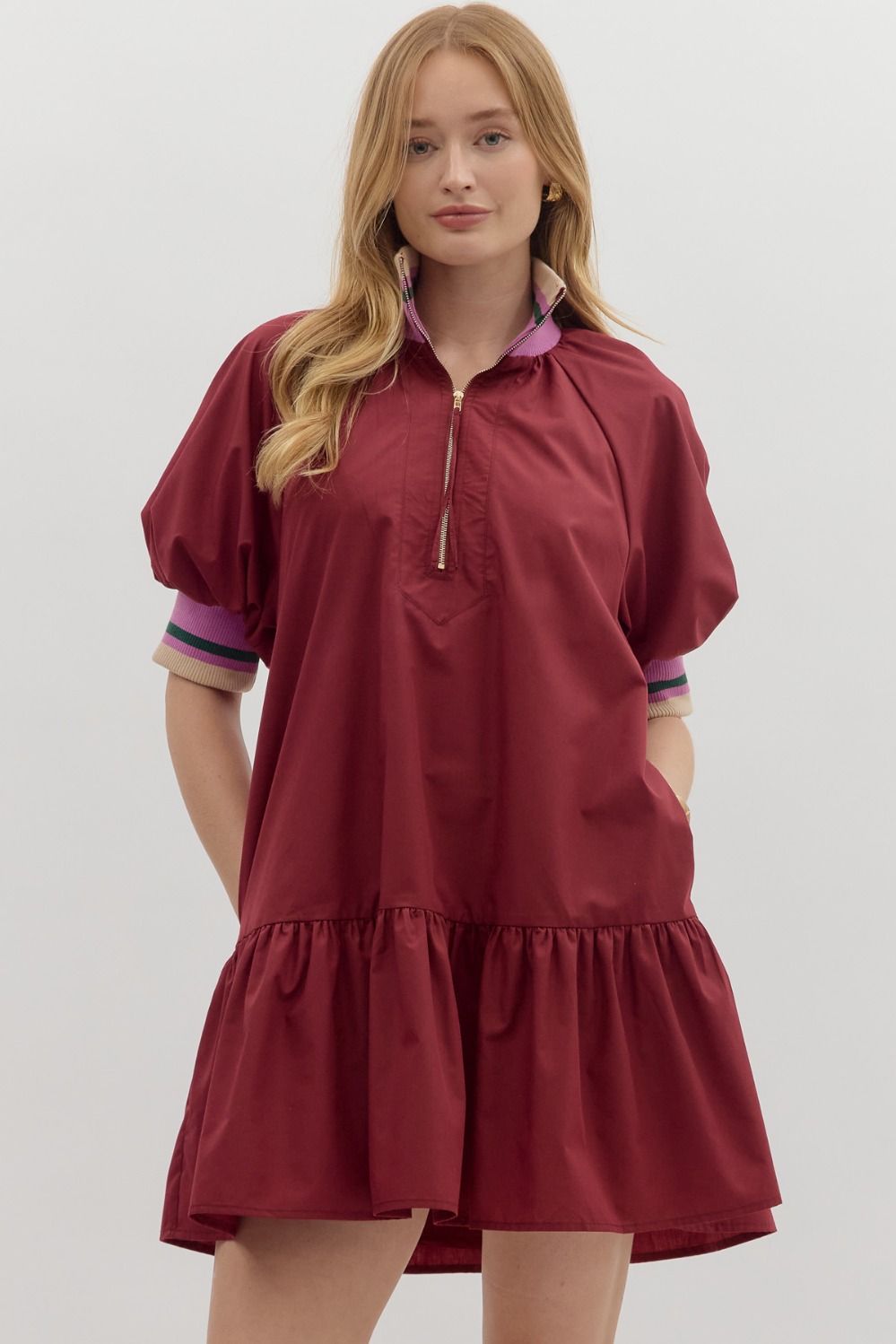 Solid Puff Sleeve Ruffle Hem Mini Dress