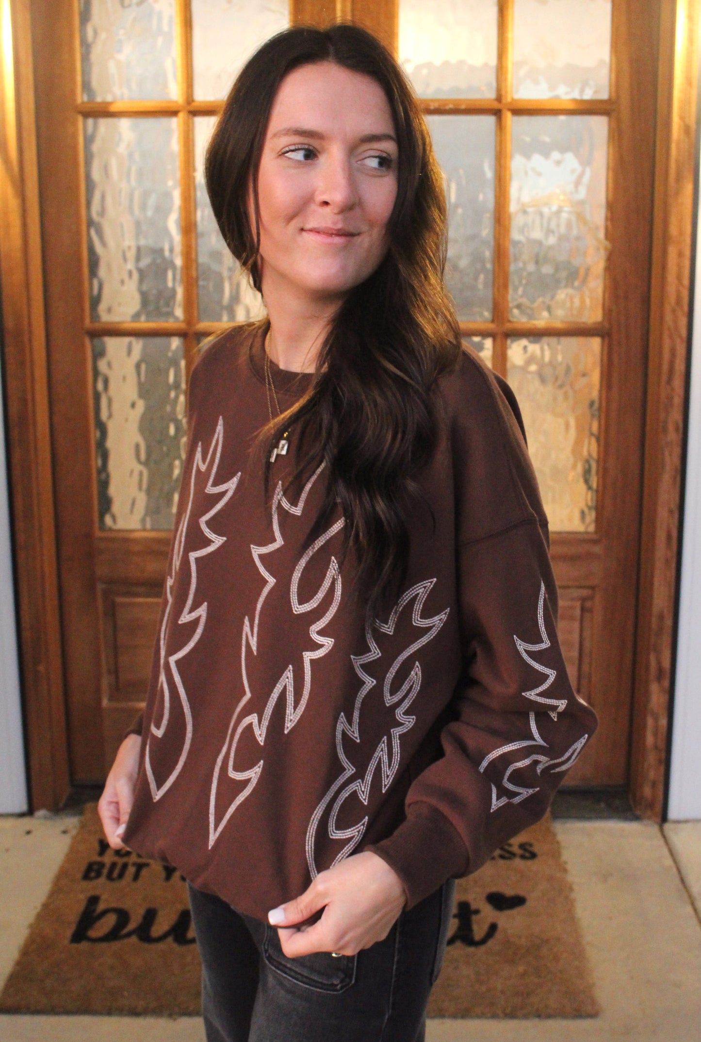 Western Boots Stitch Pullover Sweatshirt: Brown