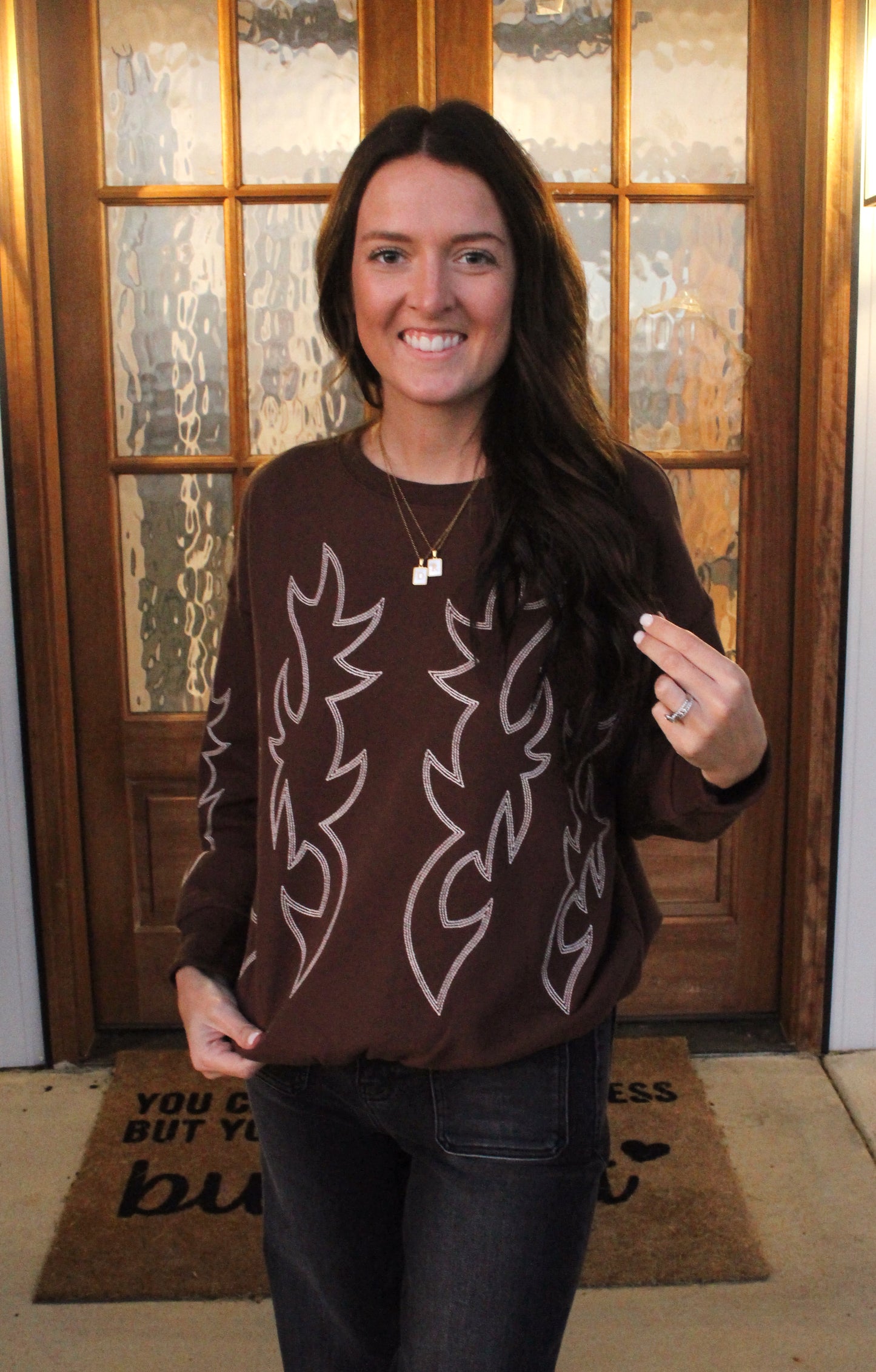 Western Boots Stitch Pullover Sweatshirt: Brown