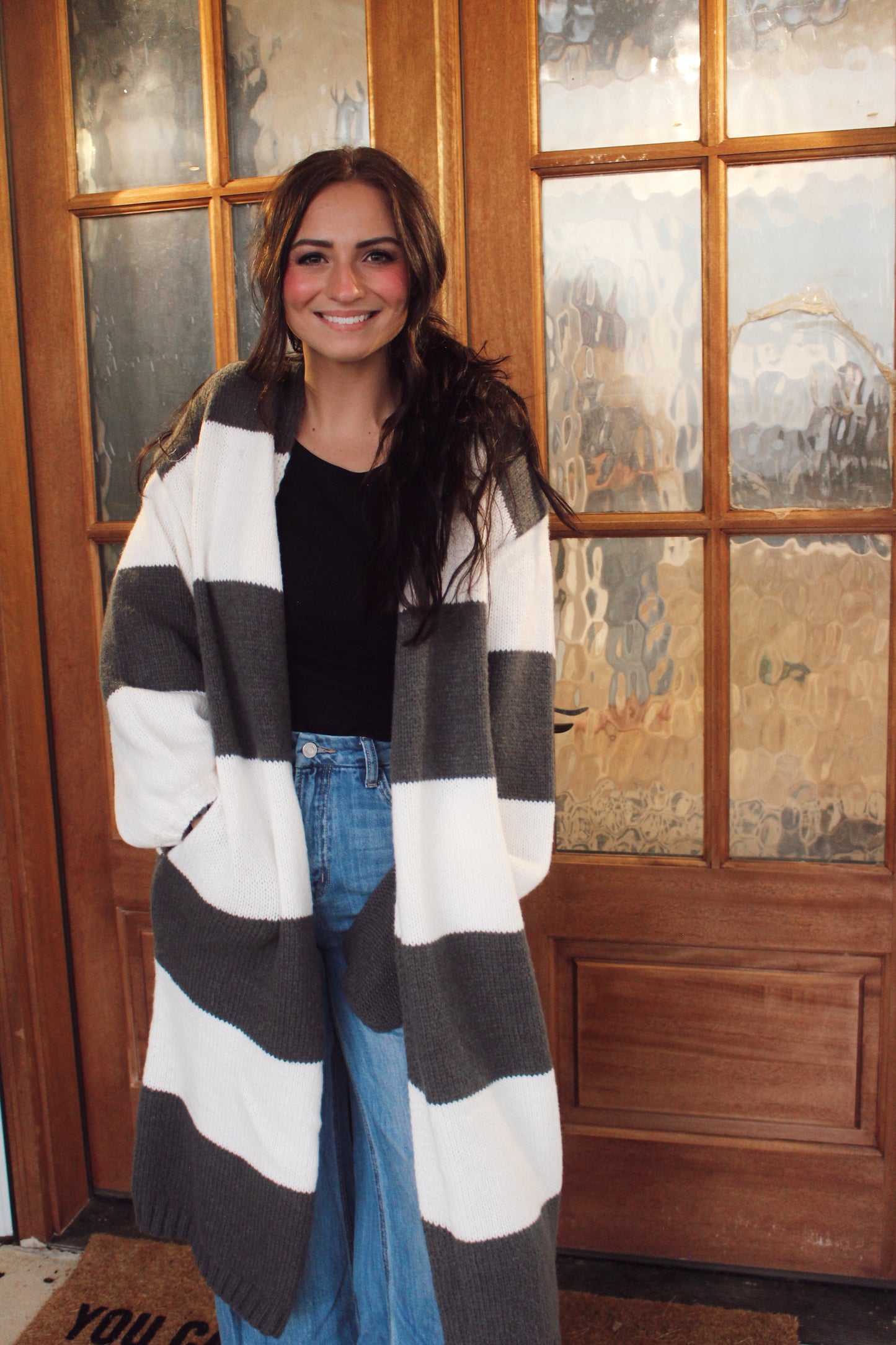 Striped Knit Open-Front Duster Pocket Cardigan: Charcoal-Off White