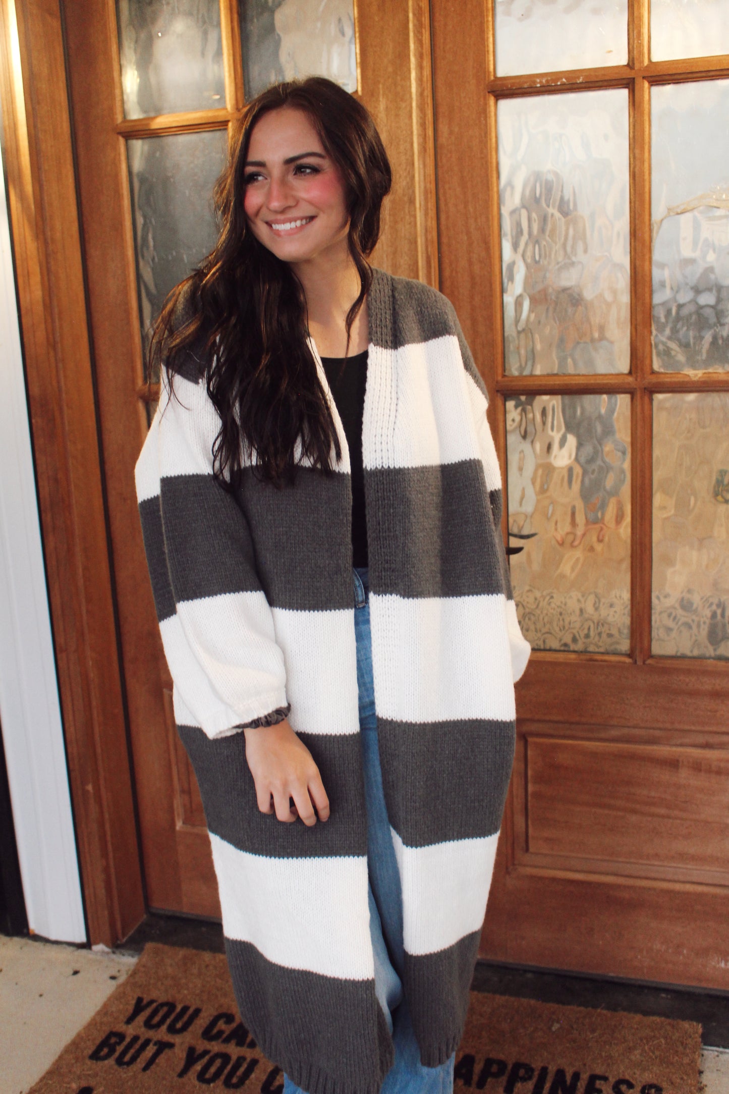Striped Knit Open-Front Duster Pocket Cardigan: Charcoal-Off White