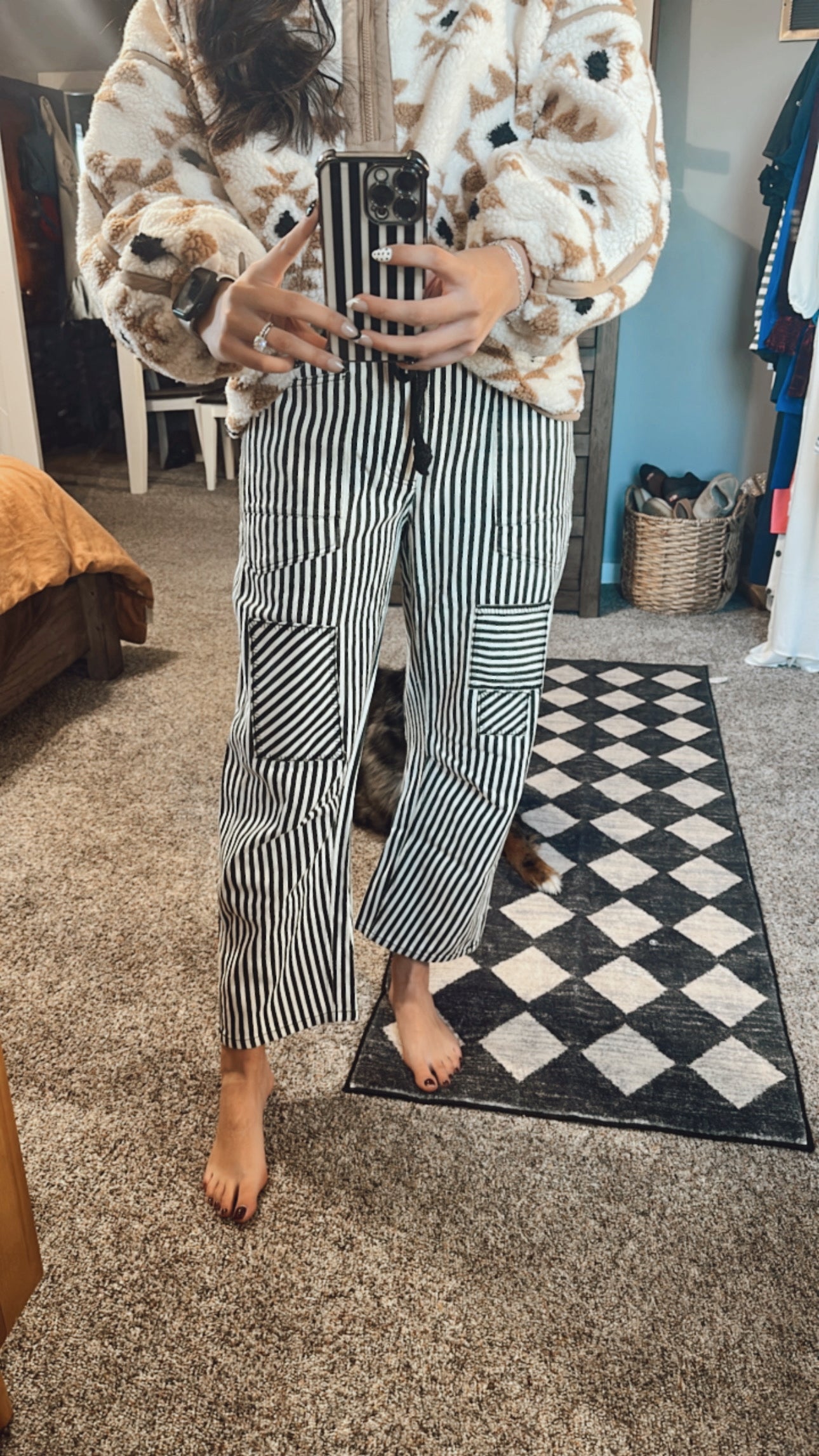 Striped Twill Barrel Pants - Black
