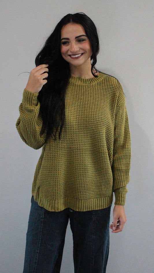 Hi-Low Long Sleeve Waffle Sweater (Plus Size) Olive Mustard