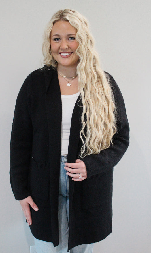 Hooded Open Front Cardigan (Plus Size) Black