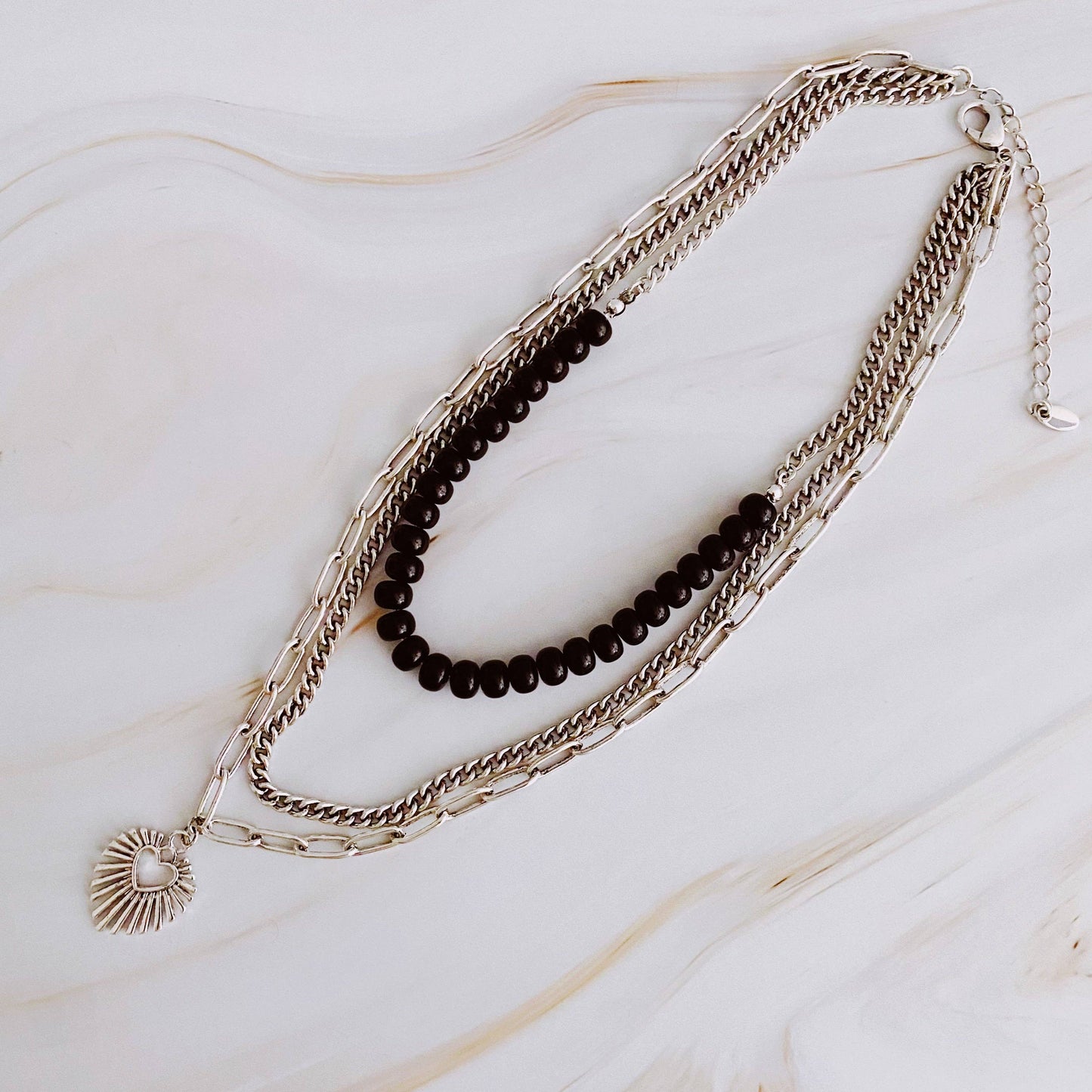 Resin Bead Golden Heart Layered Necklace: Silver