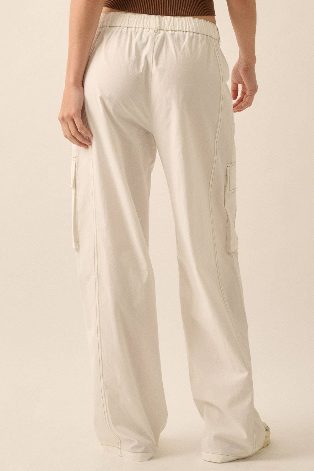 Solid High-Waist Contrast-Stitch Cargo Pants: Off White
