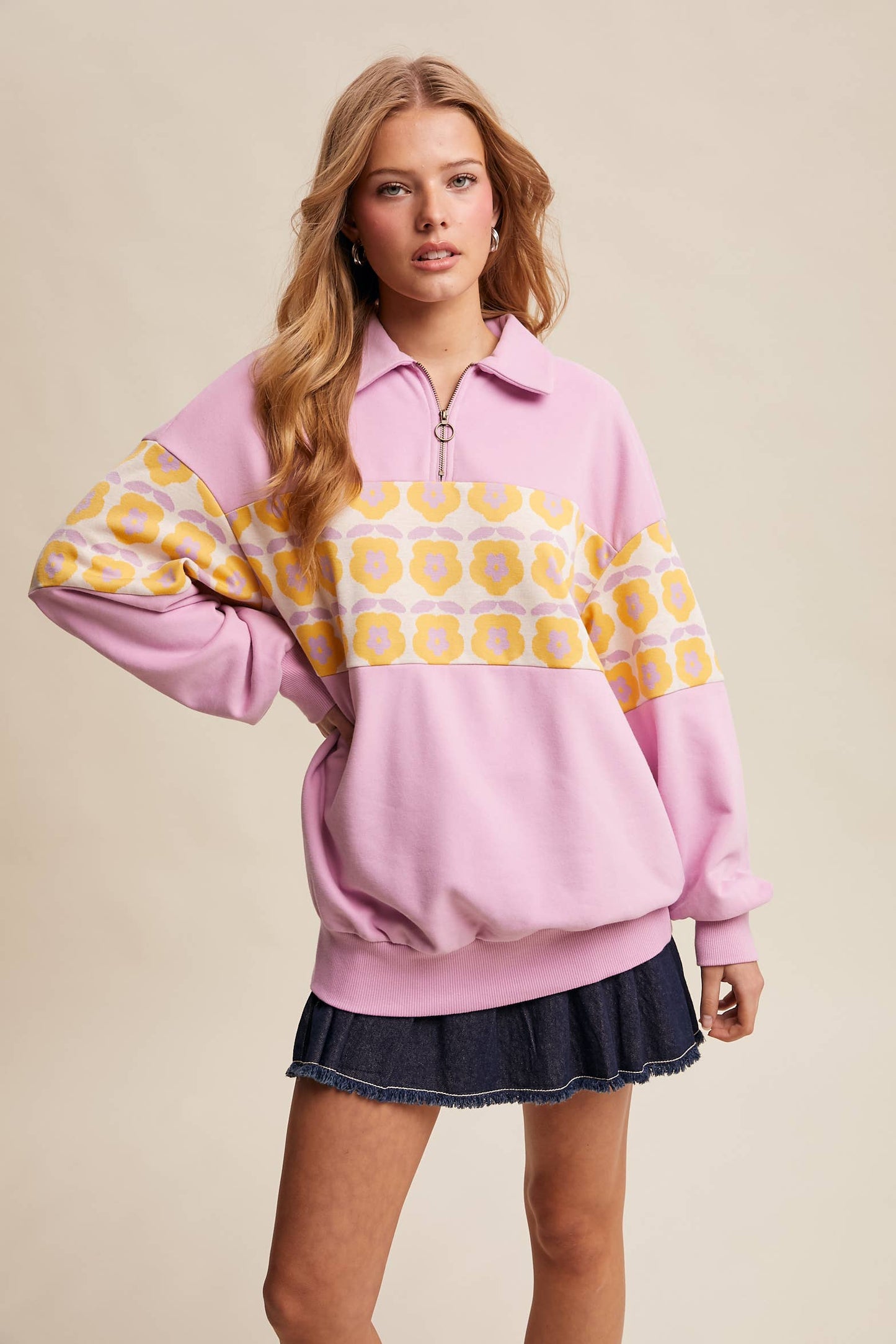 Retro Flower Panel Half-Zip Pullover : Navy