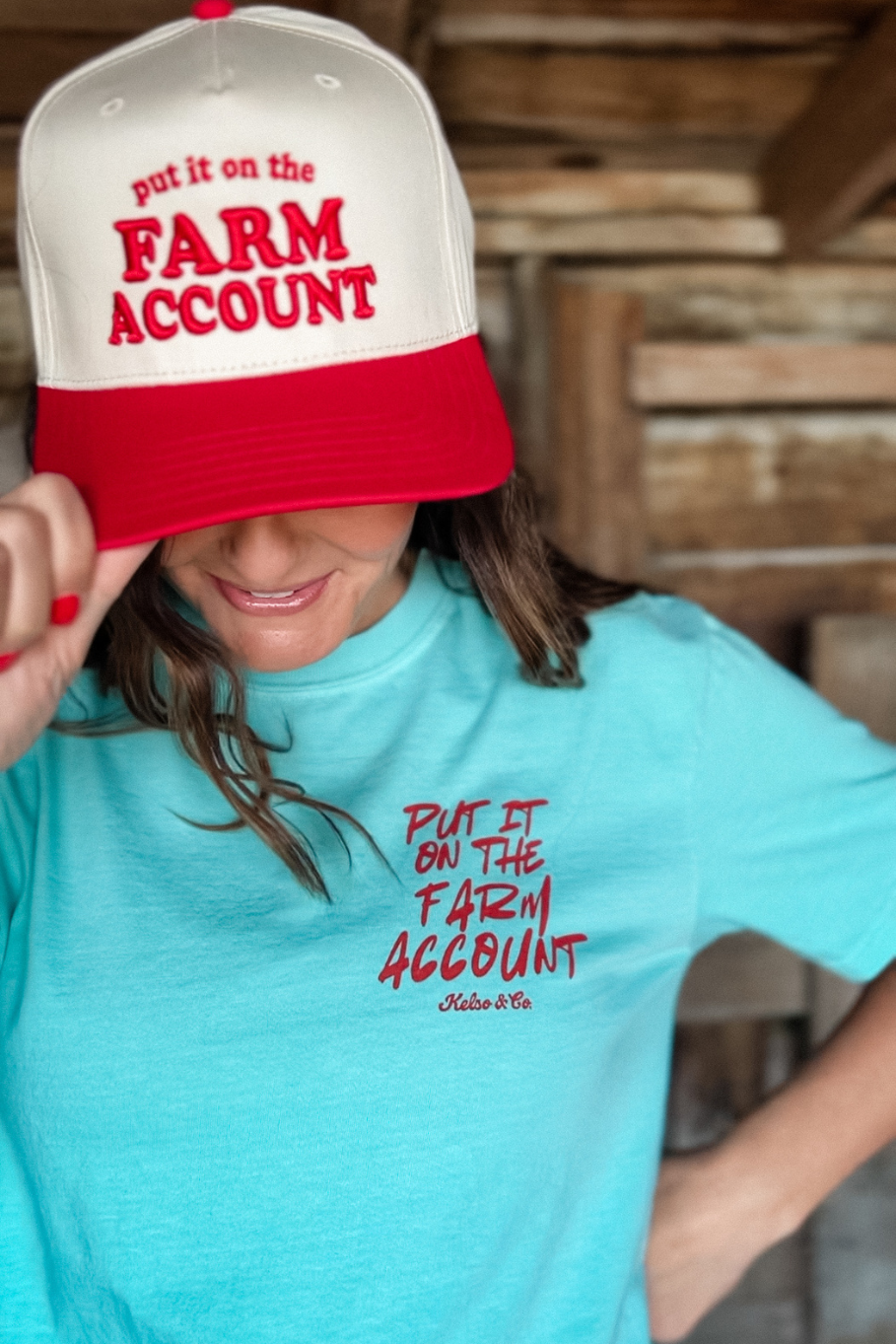 Put It On The Farm Account Trucker Hat in Red/Natural