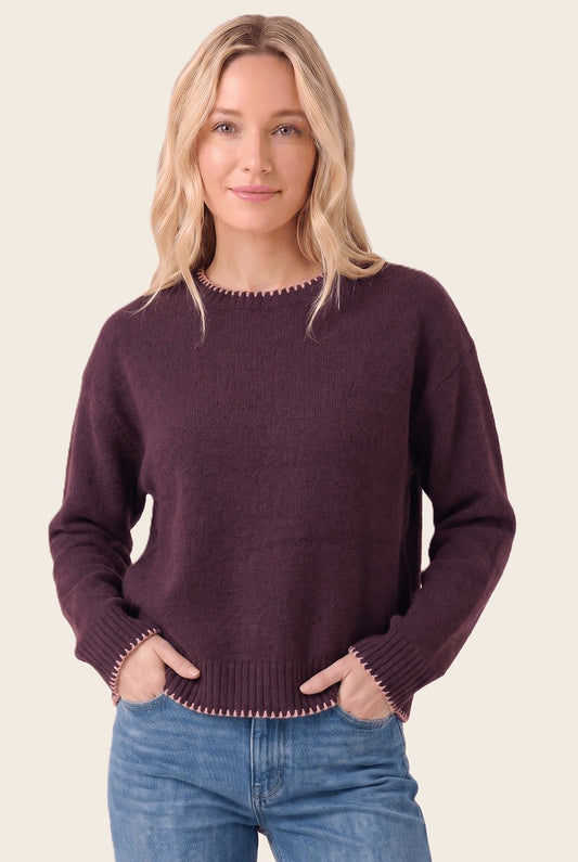 Dark Plum Blanket Stitched Solid Sweater