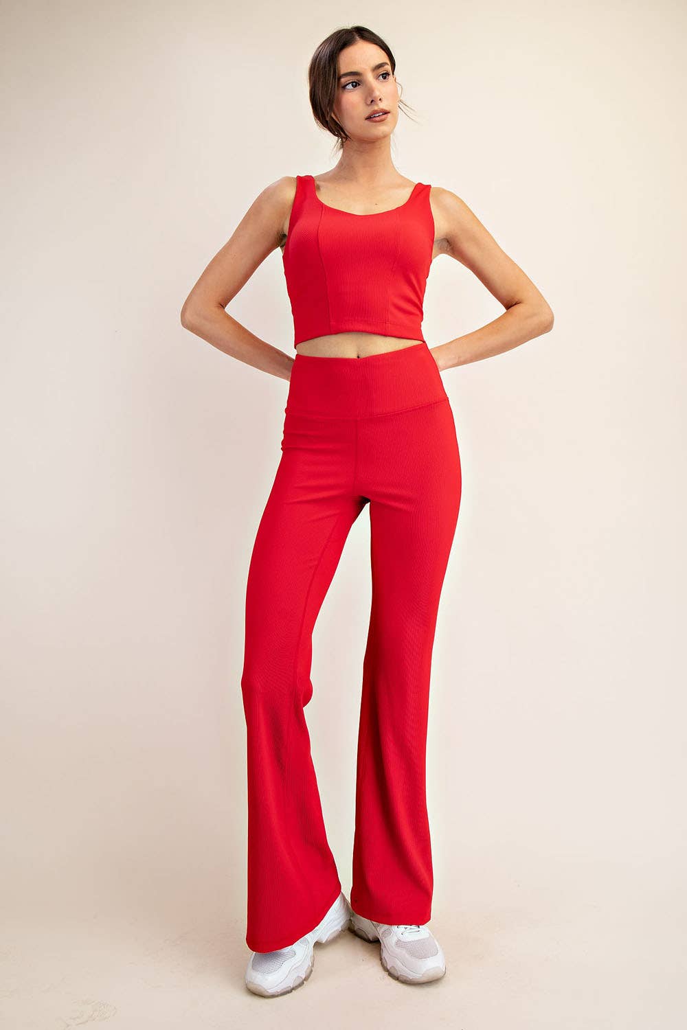 Nylon Rib Flare Leggings : Red (Rae Mode)