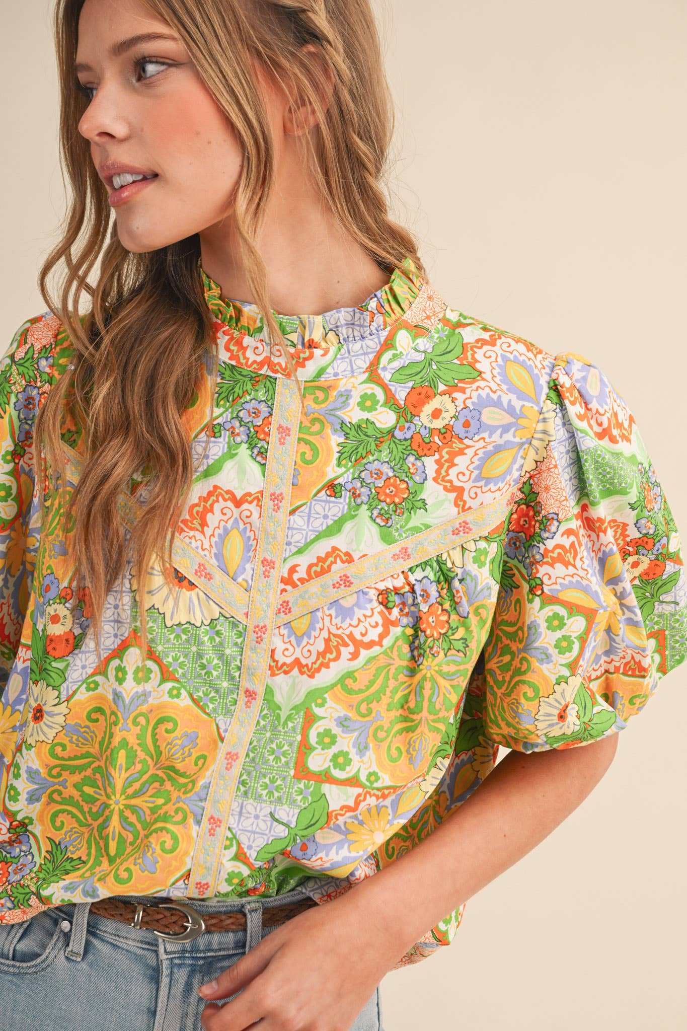 Floral Print Embroidery Trim Top  : Sage Multi Paisley