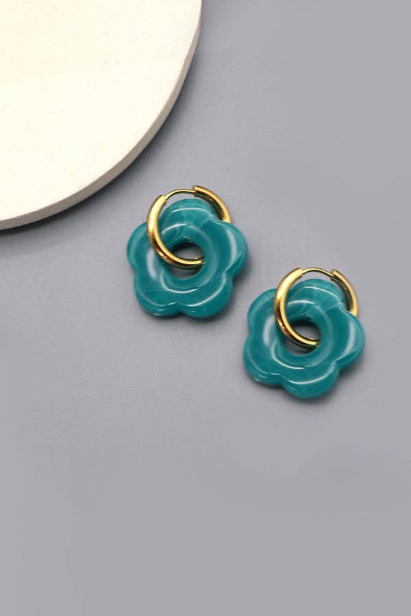 Flower Charm Hoop Earrings : Teal