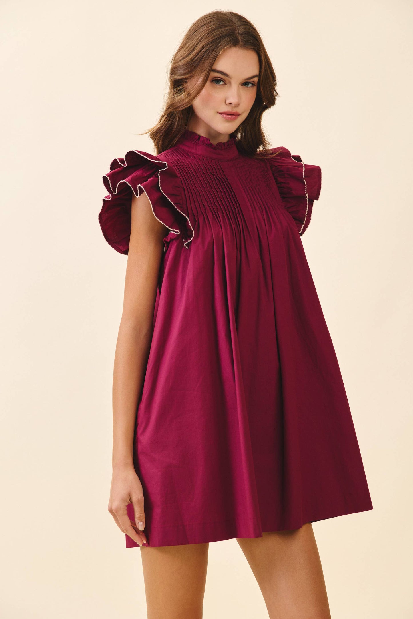 Kari High Neck Babydoll Mini Dress: Plum