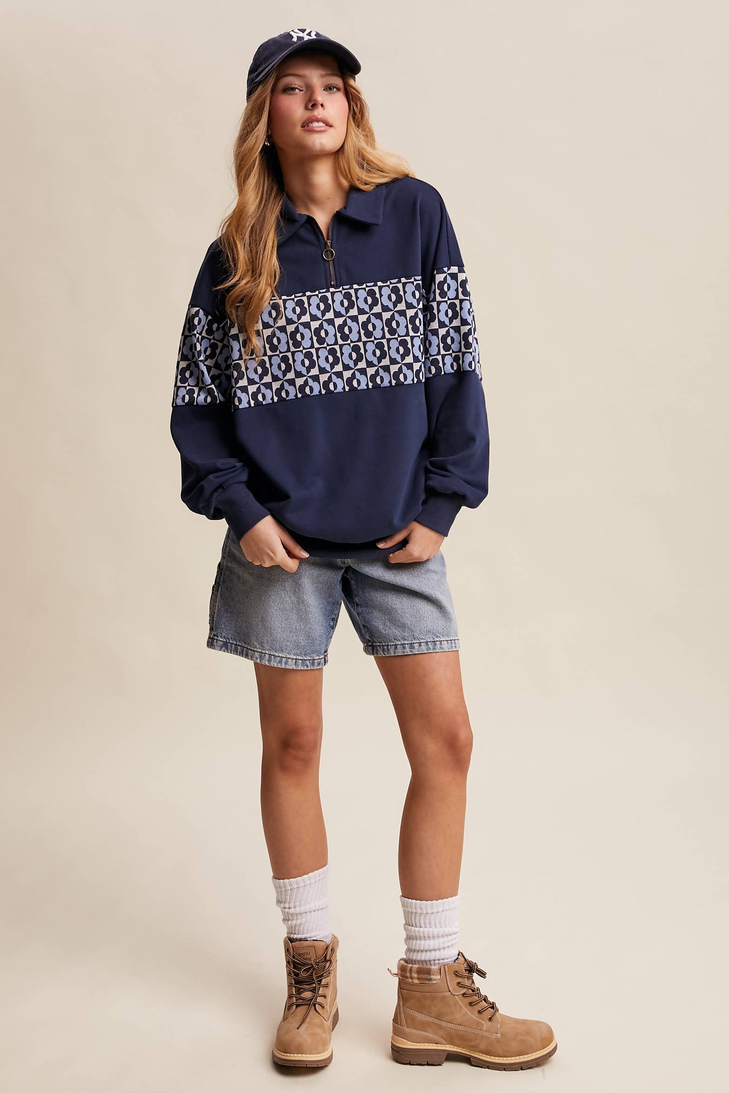 Retro Flower Panel Half-Zip Pullover : Navy