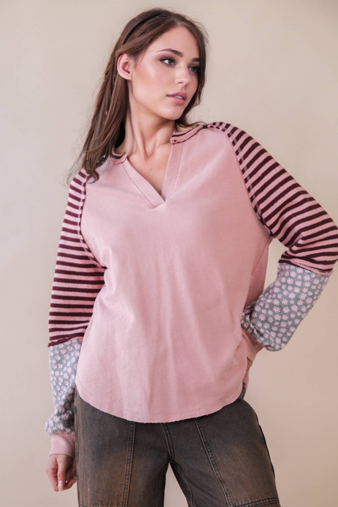 Oversized Floral & Stripe Casual Knit Top: Blush