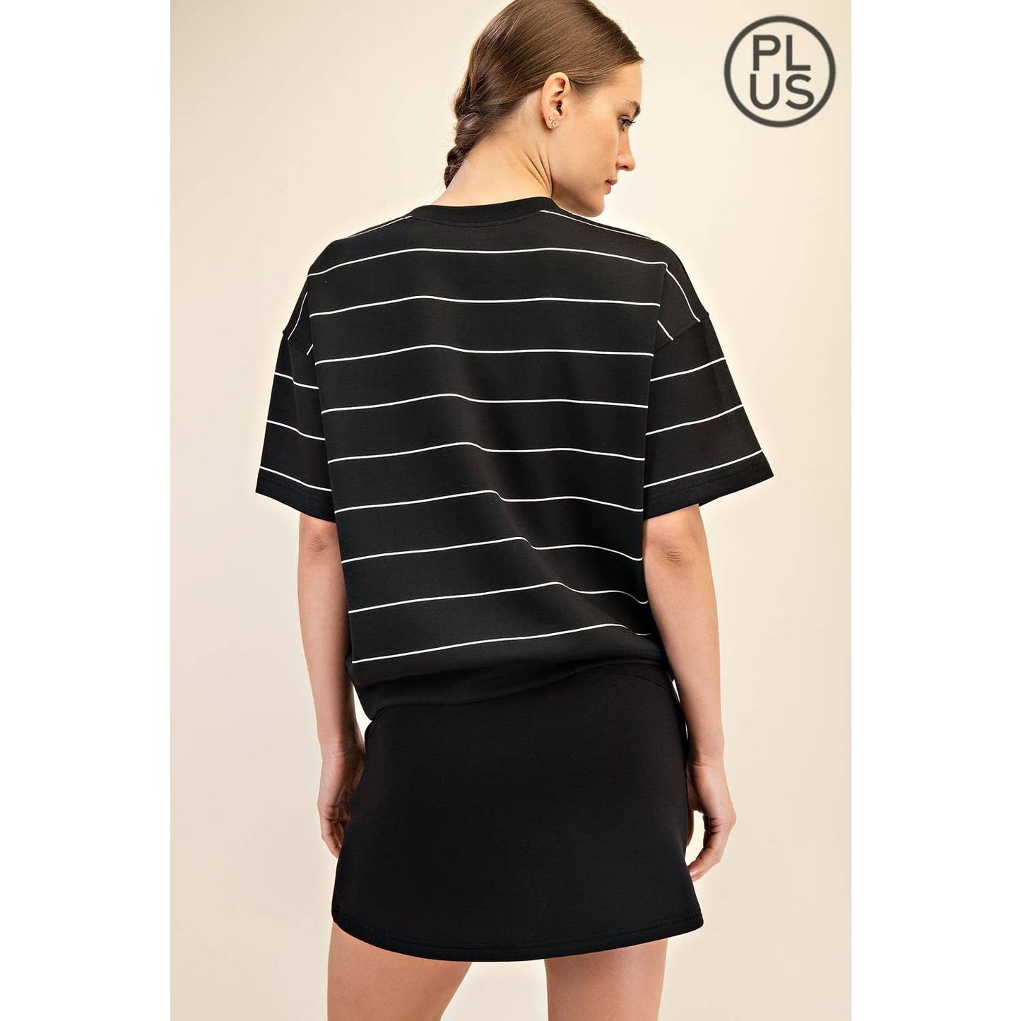 (Plus Size)  Modal Scuba Stripe Short Sleeve : Black/Cream