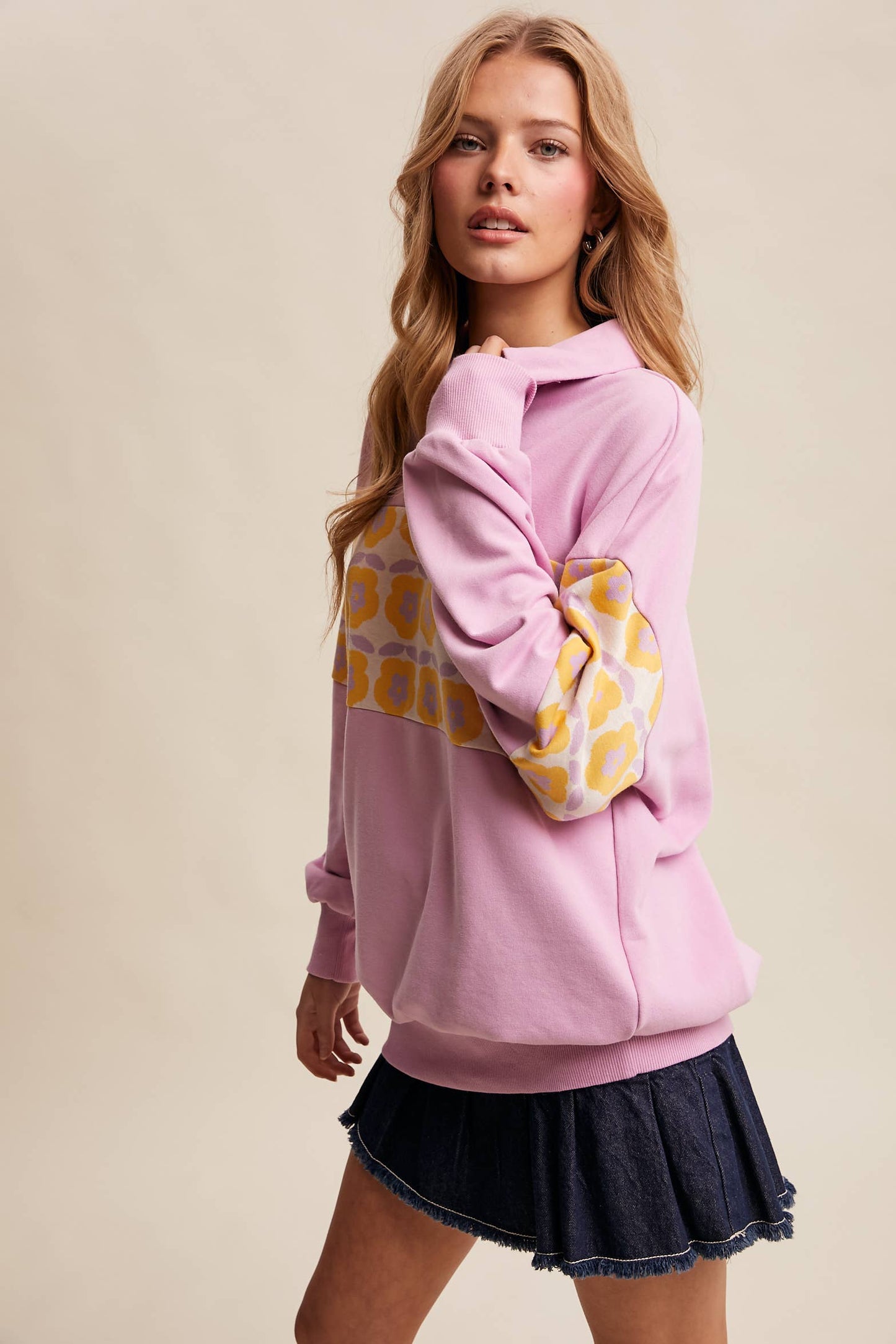Retro Flower Panel Half-Zip Pullover : Navy
