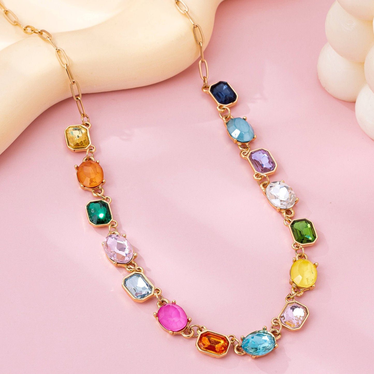 Rainbow Gemstone Paperclip Necklace
