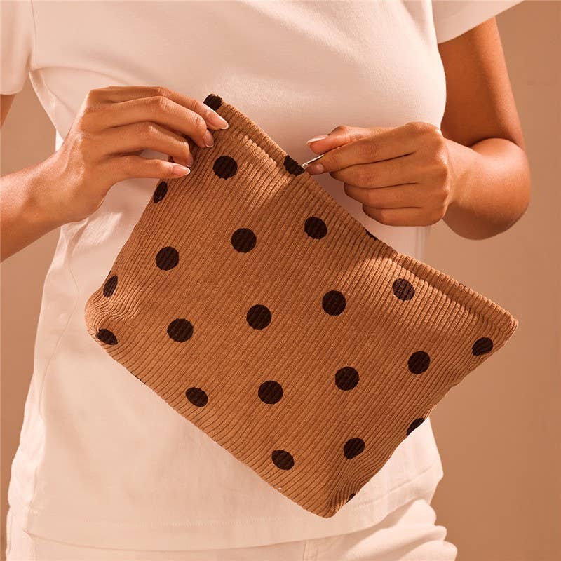 Brown Polka Dot Corduroy Cosmetic Pouch