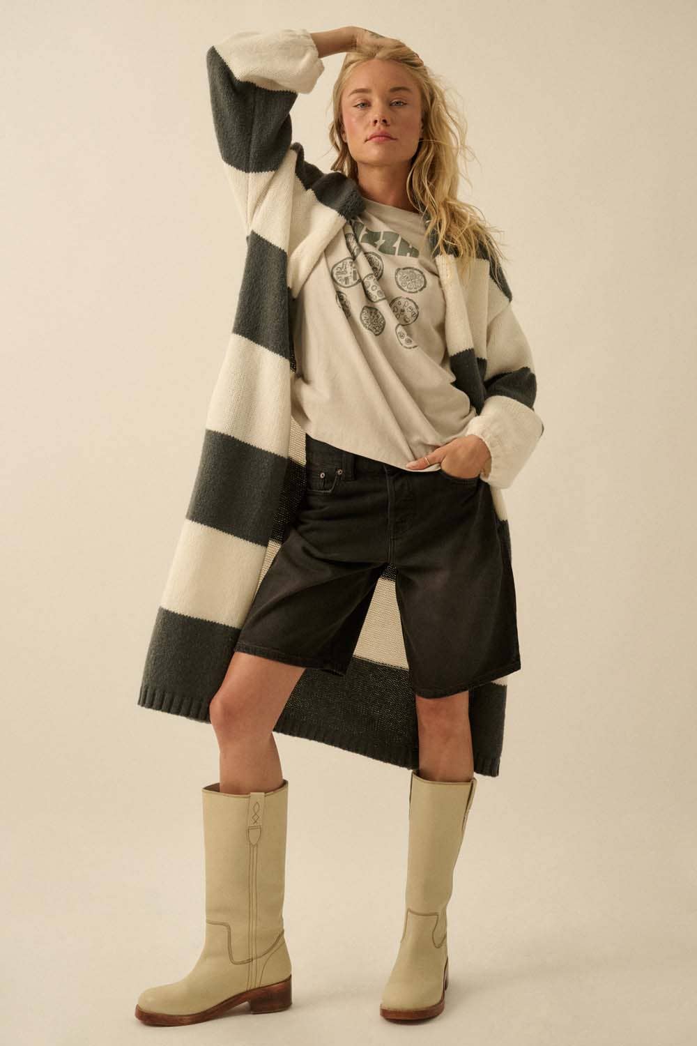 Striped Knit Open-Front Duster Pocket Cardigan: Charcoal-Off White