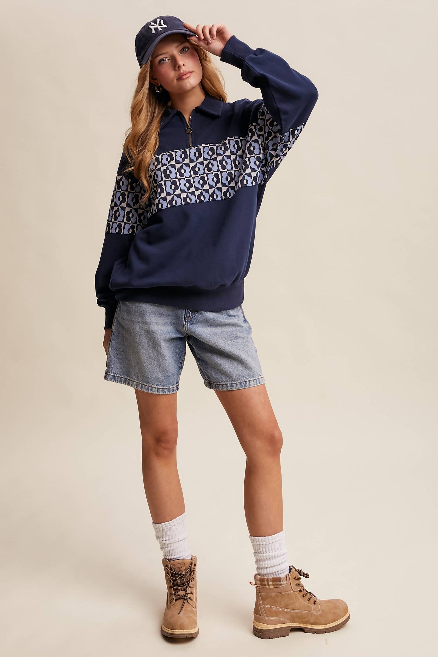Retro Flower Panel Half-Zip Pullover : Navy