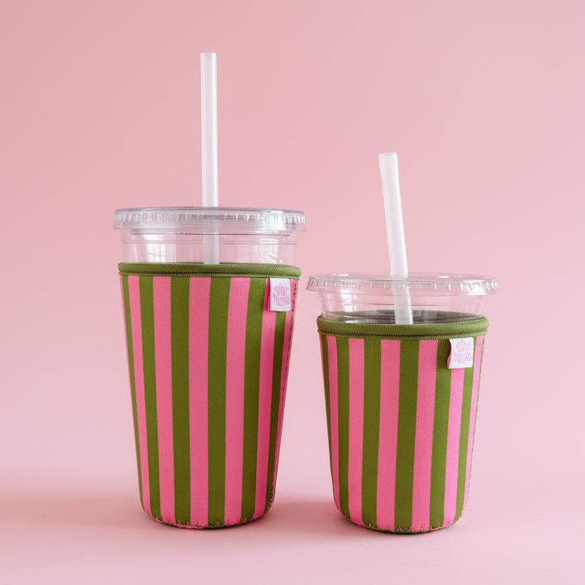 Pink & Green Stripes - Iced Drink Sleeve : Small / 16oz