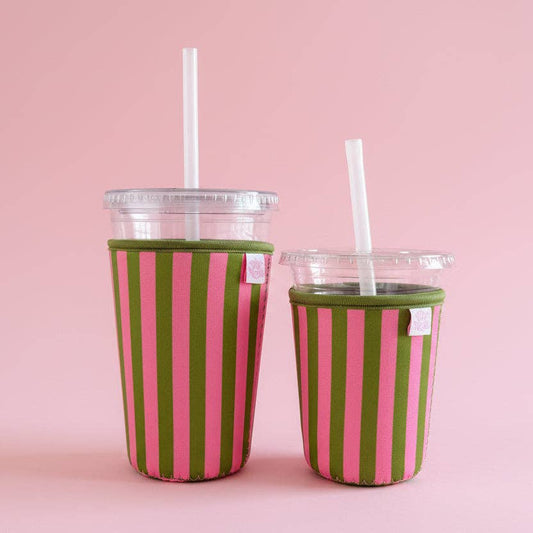 Pink & Green Stripes - Iced Drink Sleeve : Small / 16oz