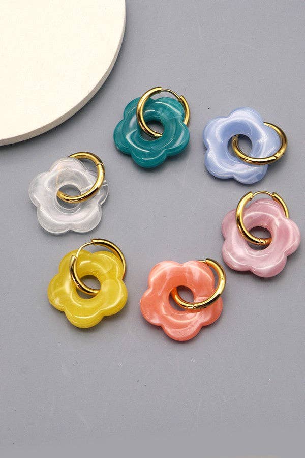 Flower Charm Hoop Earrings : Teal