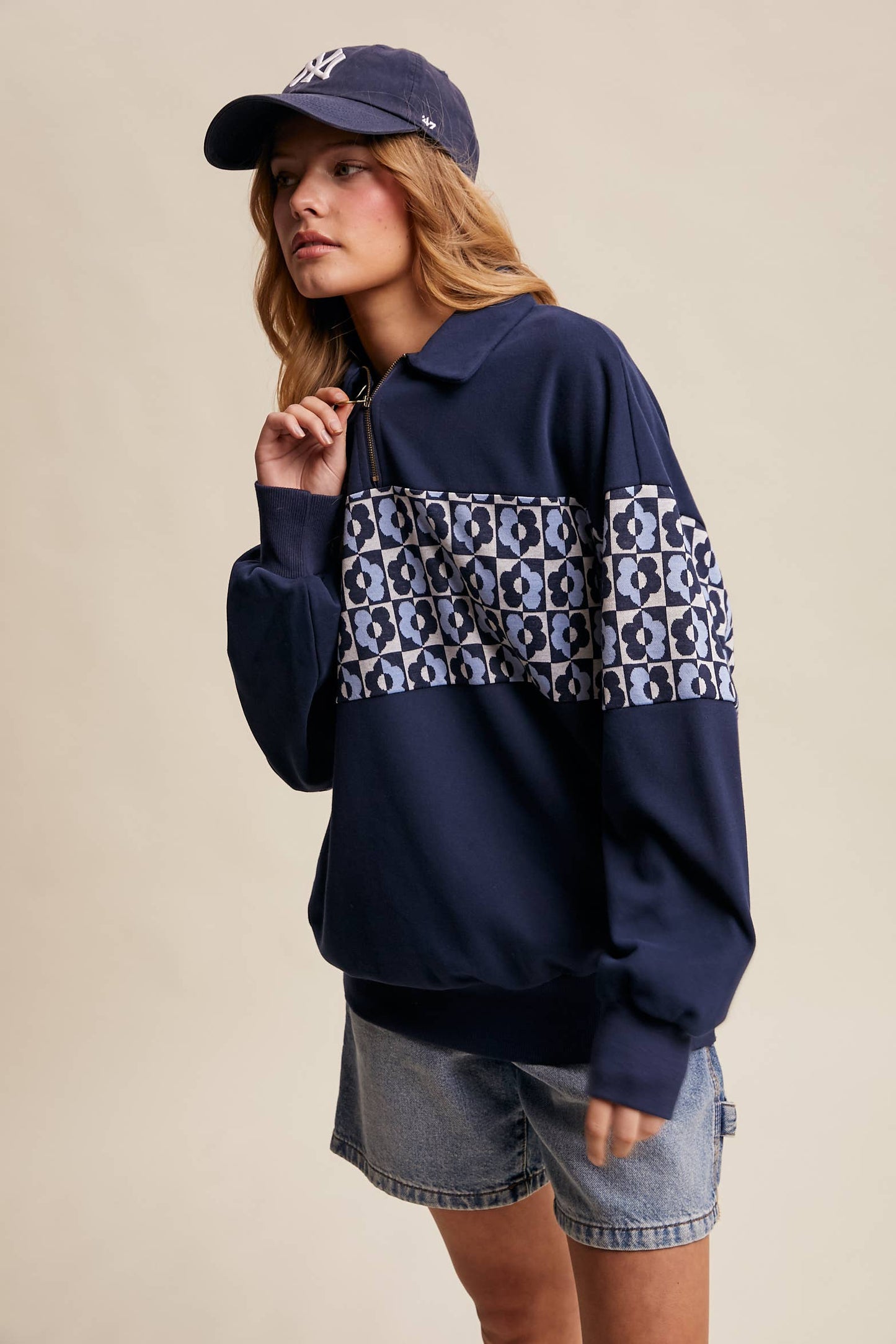 Retro Flower Panel Half-Zip Pullover : Navy