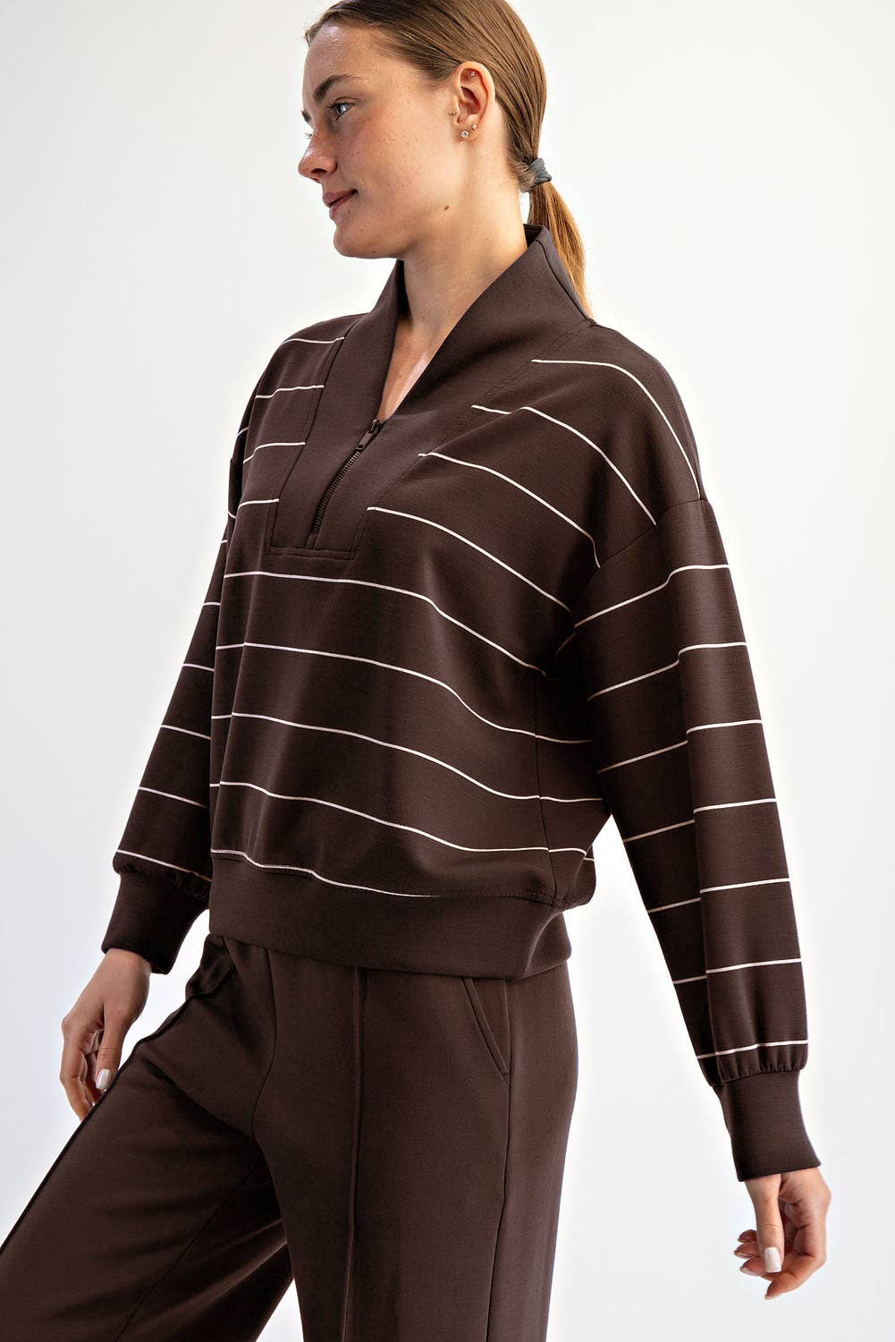 Modal Scuba Stripe V-Neck Jacket (Espresso/Cream)