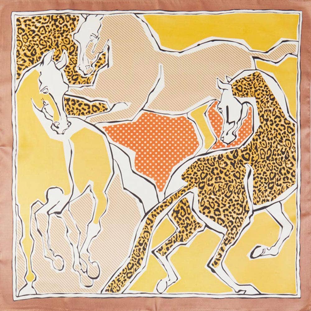 Pop Art Horse and Leopard Printed Square Silky Satin Bandana Scarf: Orange