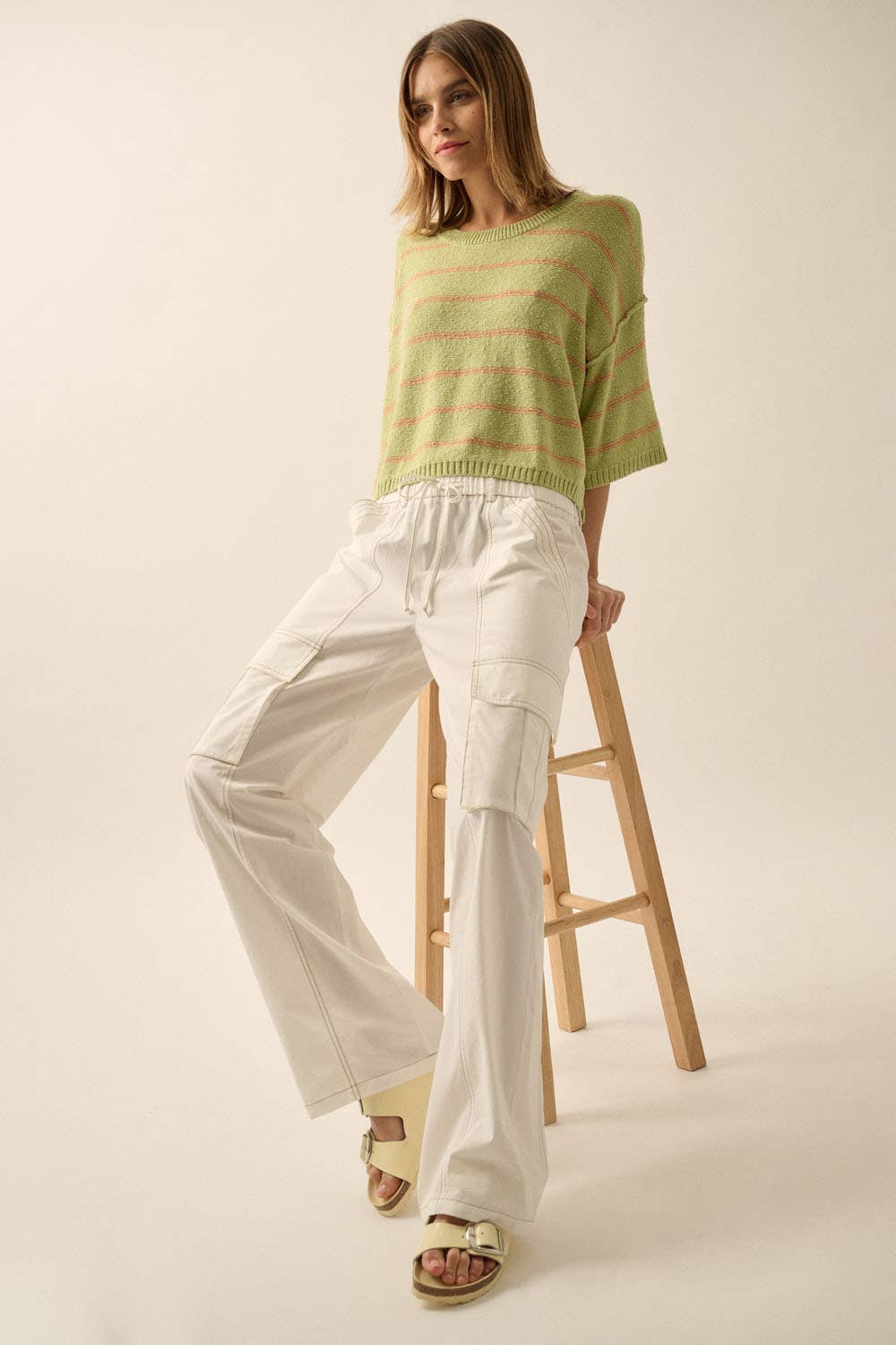 Solid High-Waist Contrast-Stitch Cargo Pants: Off White