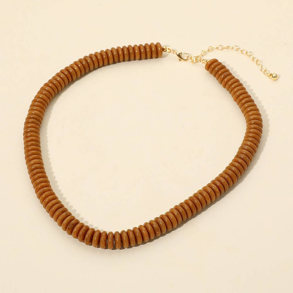 Flat Resin Disc Beaded Necklace: Brown/Gold
