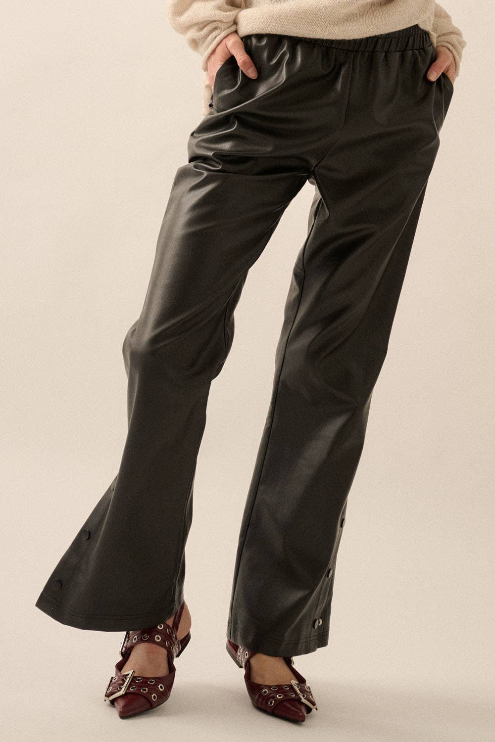 Faux Leather Elastic Waist Button Cuff Pants: Black