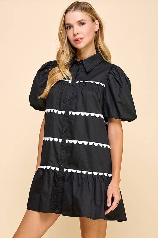 Sarah Scallop Detail Button Up Dress: Black