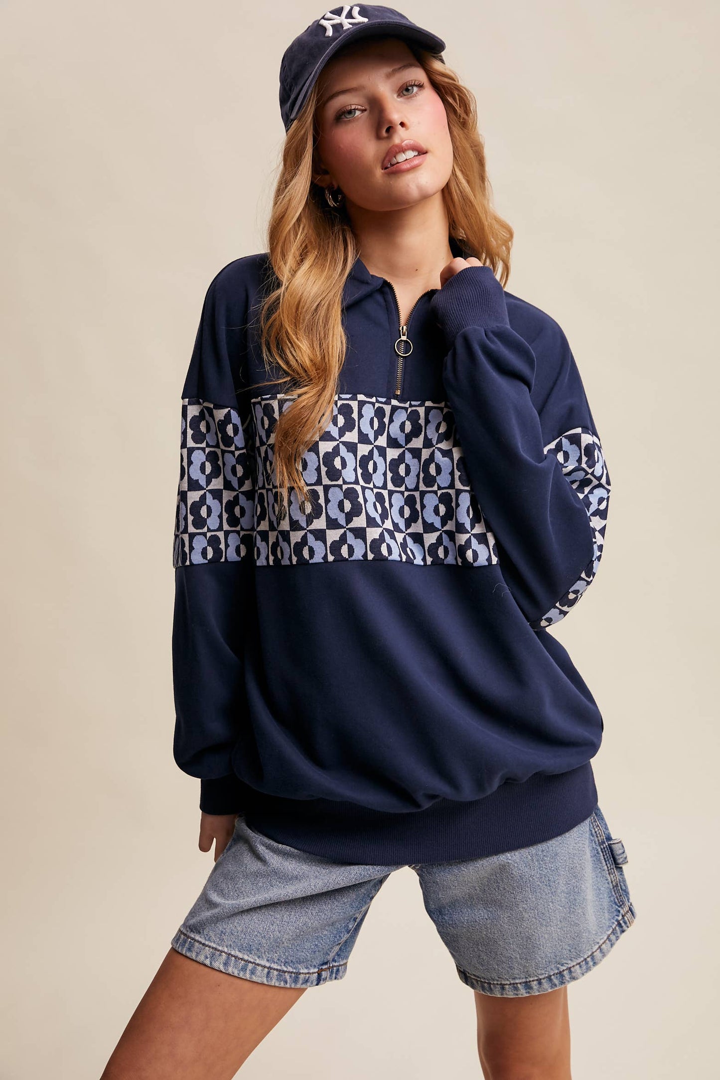 Retro Flower Panel Half-Zip Pullover : Navy