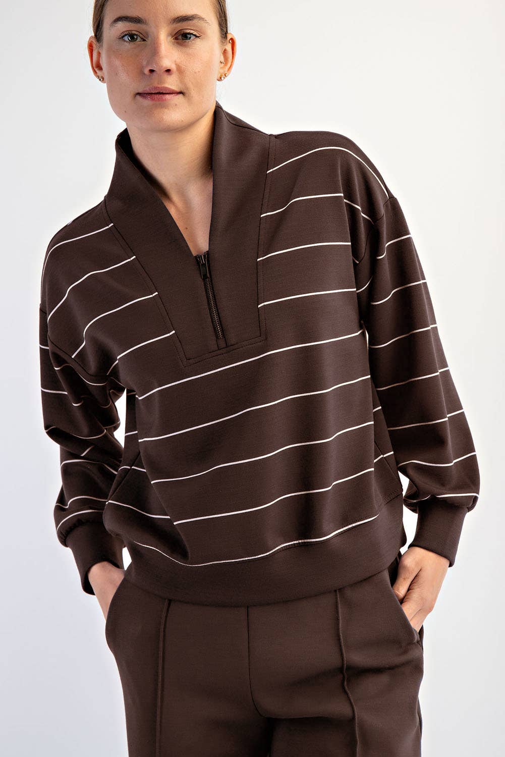 Modal Scuba Stripe V-Neck Jacket (Espresso/Cream)