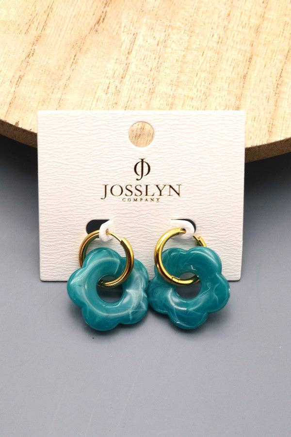 Flower Charm Hoop Earrings : Teal