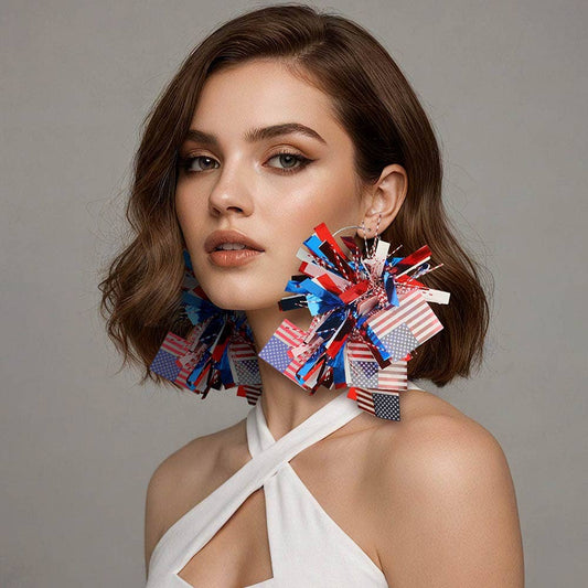 American USA Flag Tinsel Festive Statement Hoop Earrings