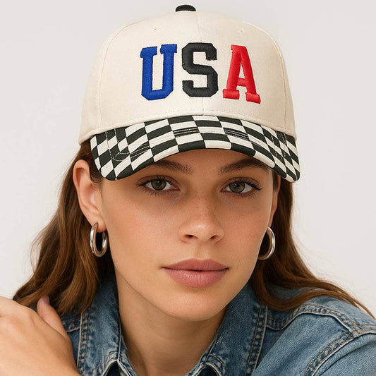 Checkered USA Embroidered Baseball Cap: Black