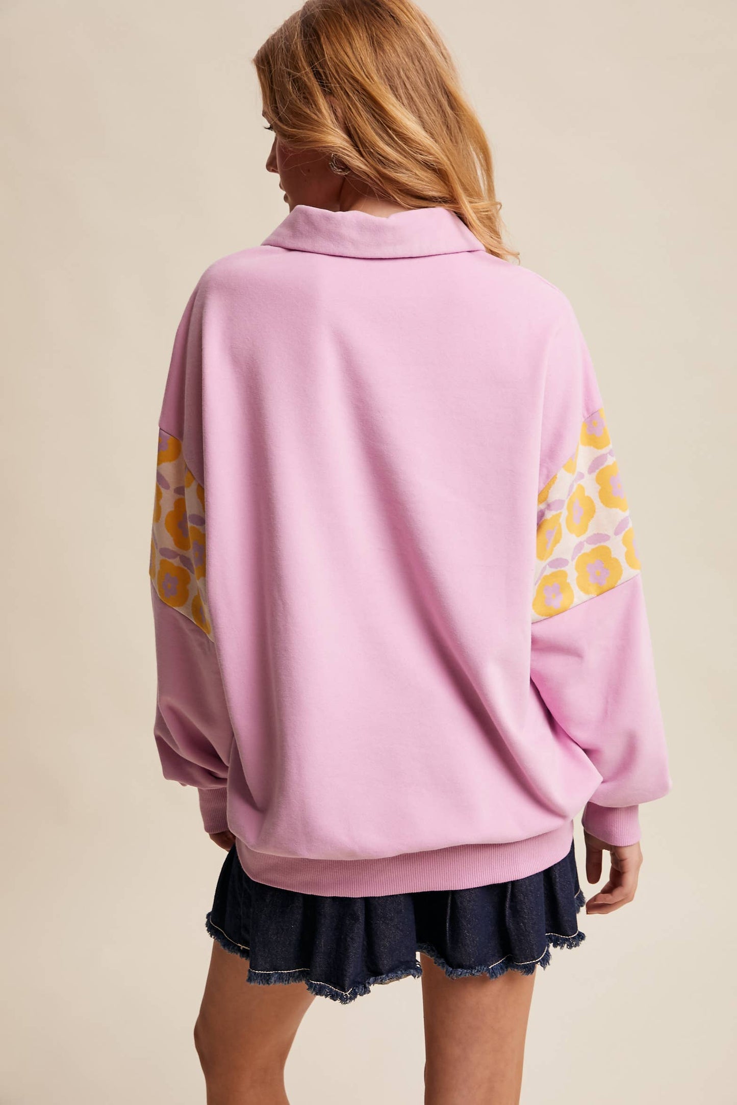 Retro Flower Panel Half-Zip Pullover : Navy