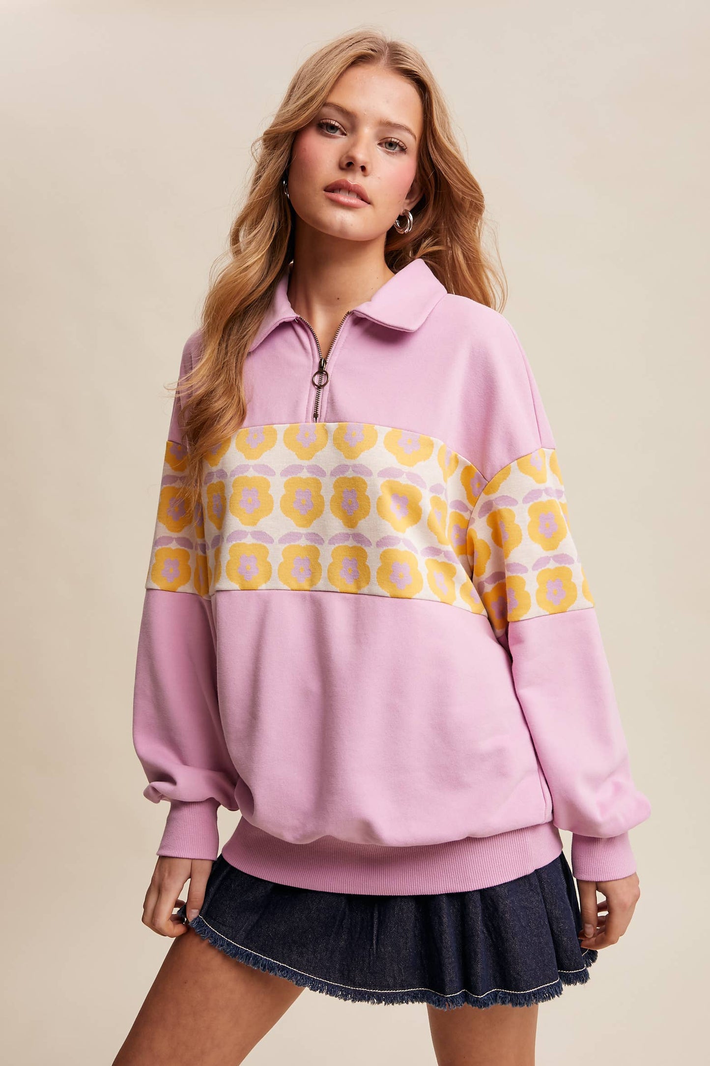 Retro Flower Panel Half-Zip Pullover : Navy