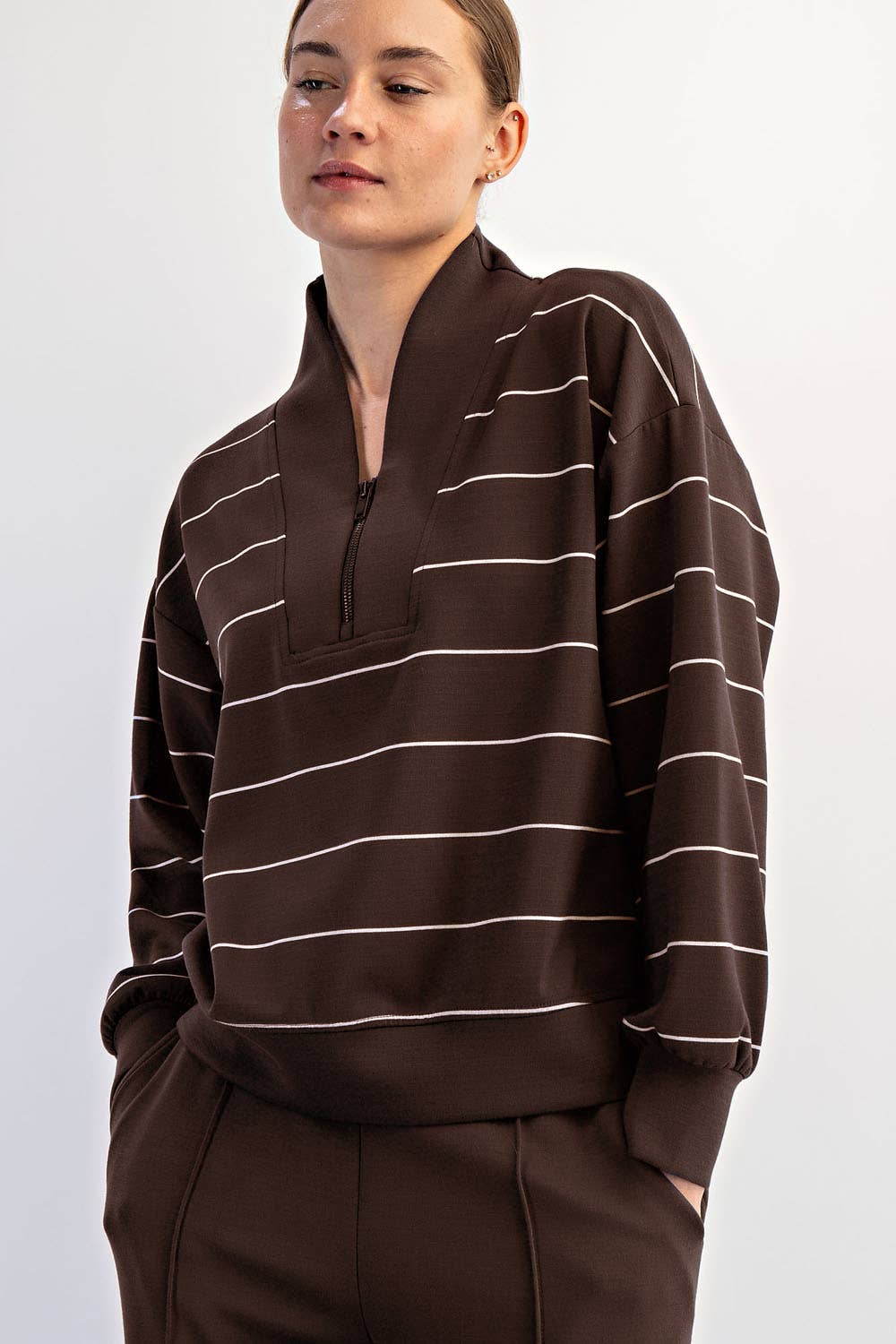 Modal Scuba Stripe V-Neck Jacket (Espresso/Cream)