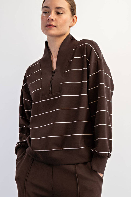 Modal Scuba Stripe V-Neck Jacket (Espresso/Cream)