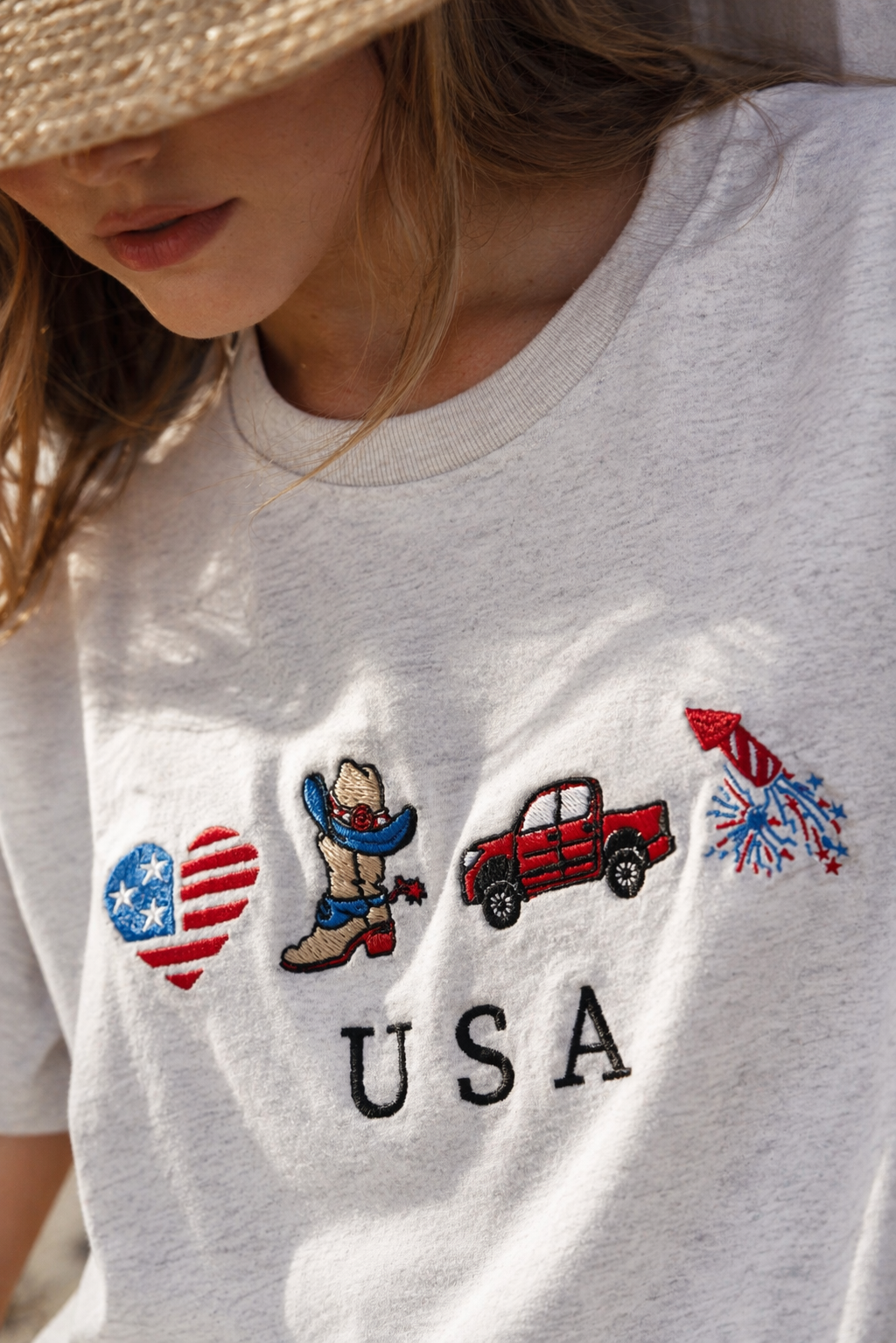 Patriotic Embroidered USA Fireworks Grey T-Shirt: Grey